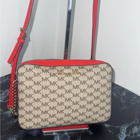 MICHAEL KORS Women’s Crossbody Bag Red Multi Canvas Leather Trim AUTHENTIC - Picture 2 of 13